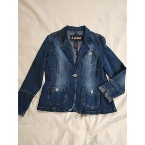 D Jeans Blue Denim Jacket Fitted, Sand Fade, Rhinestone Buttons Women's L
